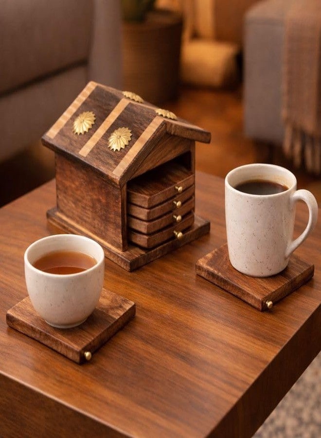Kundi Handmade Hut Style Wooden Coaster Set with Holder | Hot & Cold Drink Coasters for Tea, Coffee & Dining Table Decor - Image 3